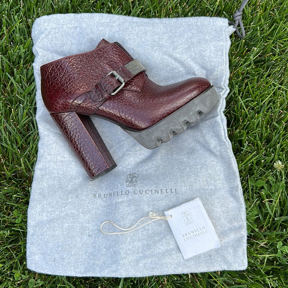 Brunello Cucinelli short booties, leather with Minelli trim, size 37 EU